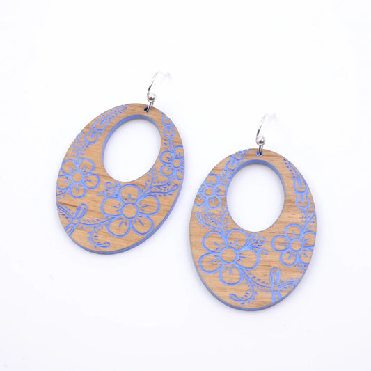 Hand Painted Oval Alder Earrings - Floral Blue